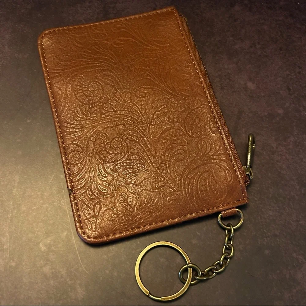 Brown Embossed Card Holder with Keychain